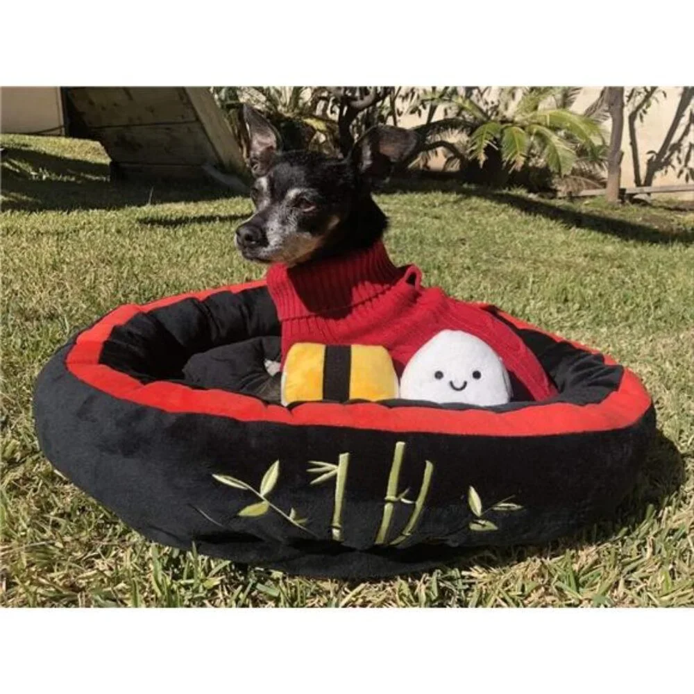 Plush Sushi Pet Bed Small Dog Cat Cozy Washable Round Bed Crinkle Toys Cute